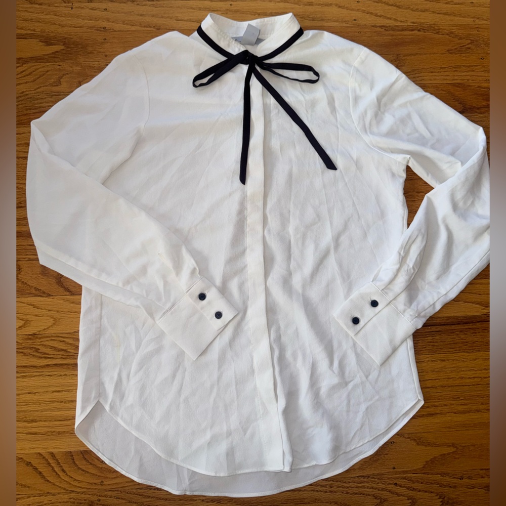 H&M Elegant White Blouse with Black Ribbon